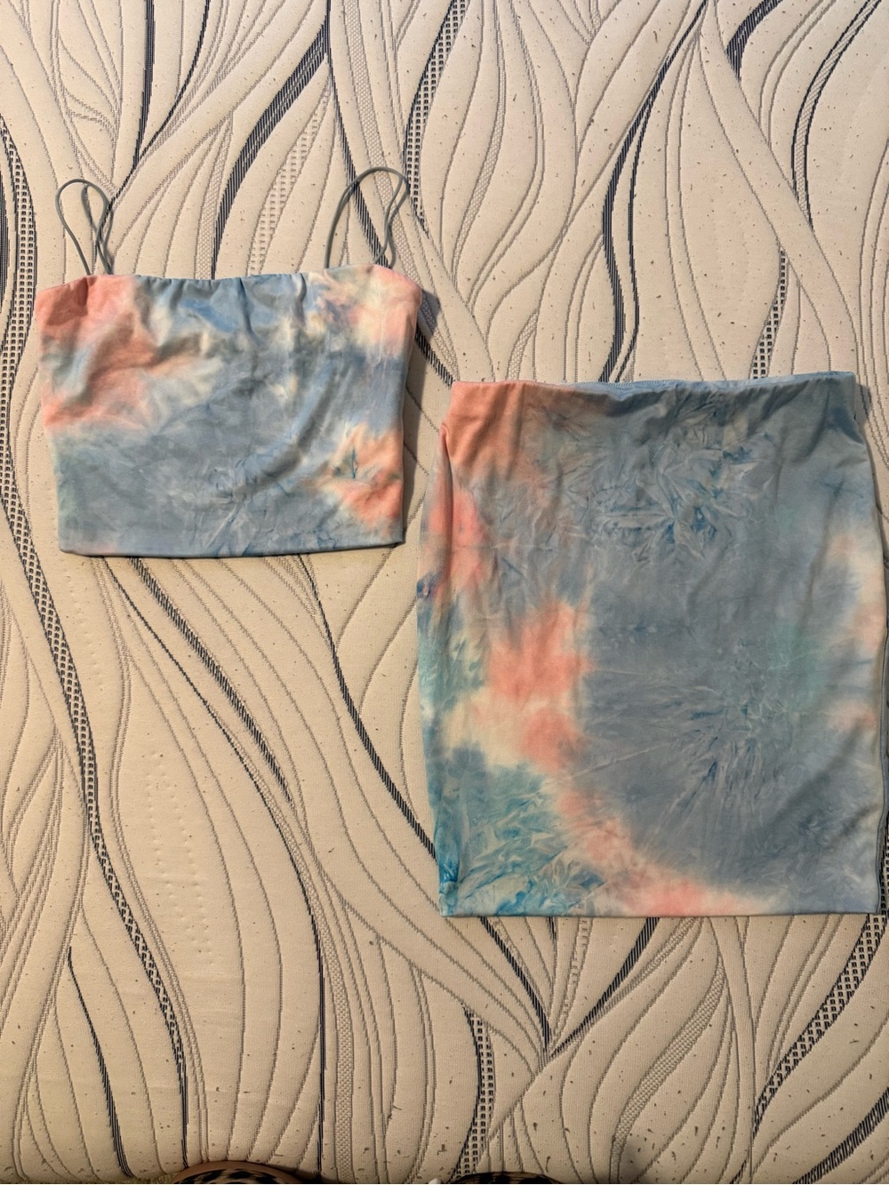 Source Unknown Tie-Dye Blue Pink Cream Two-Piece Skirt Set